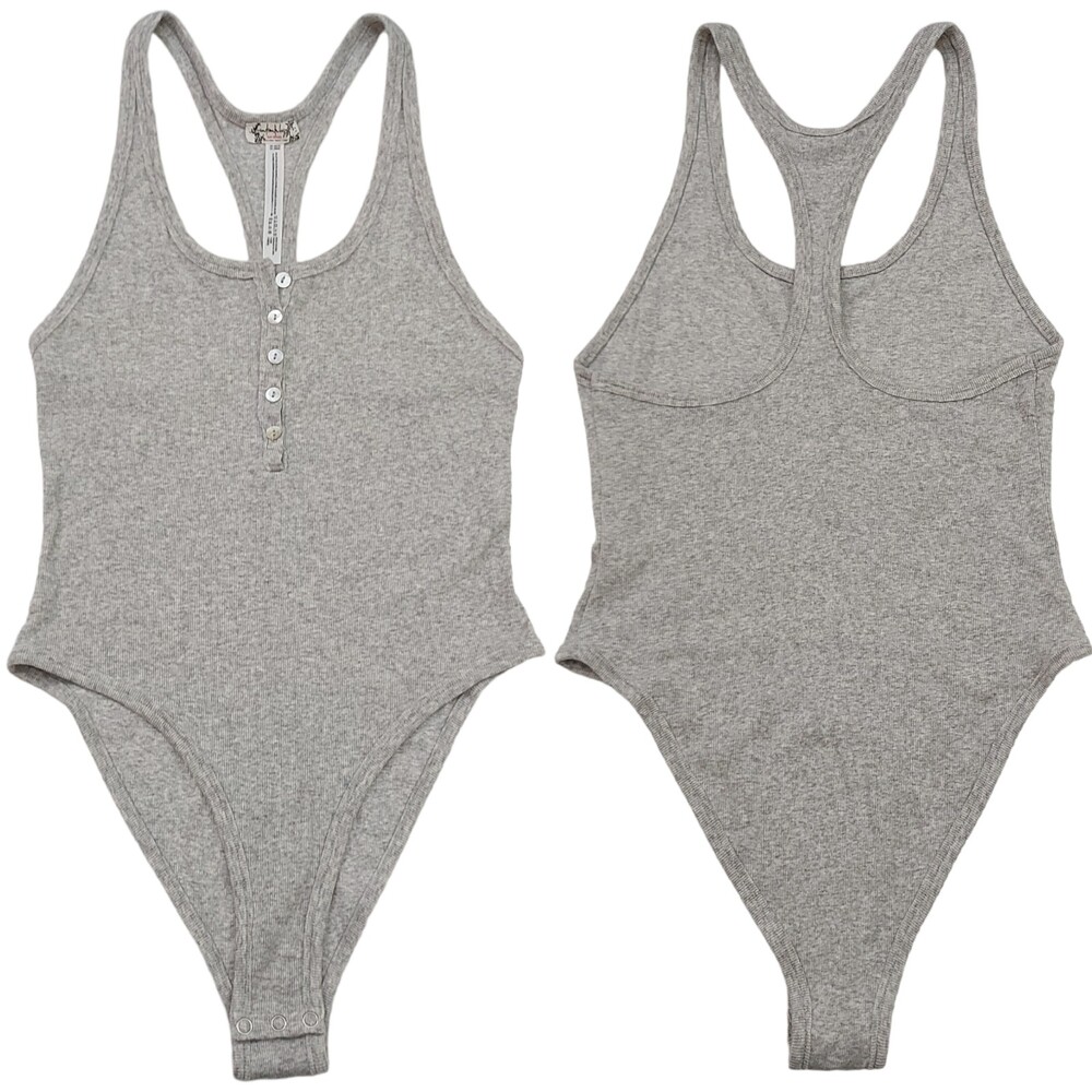 Intimately Free People Bodysuit Womens Gray Small 1/4 Button Knit Racerback
